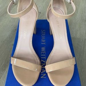 Nude Patented Leather 2.75” Block Heel Sandal with side ankle buckle